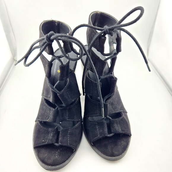 Qupid DC92 Black Suede Gladiator Heels | Women’s Size 6.5 Peep Toe Bootie Sandal - Picture 1 of 10